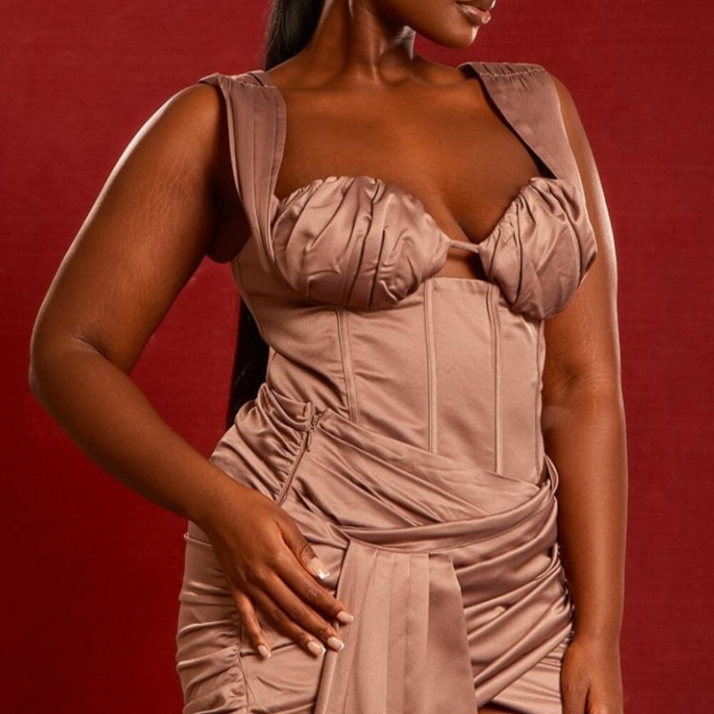 Plus Mocha Constructed Satin Ruched Bust Corset